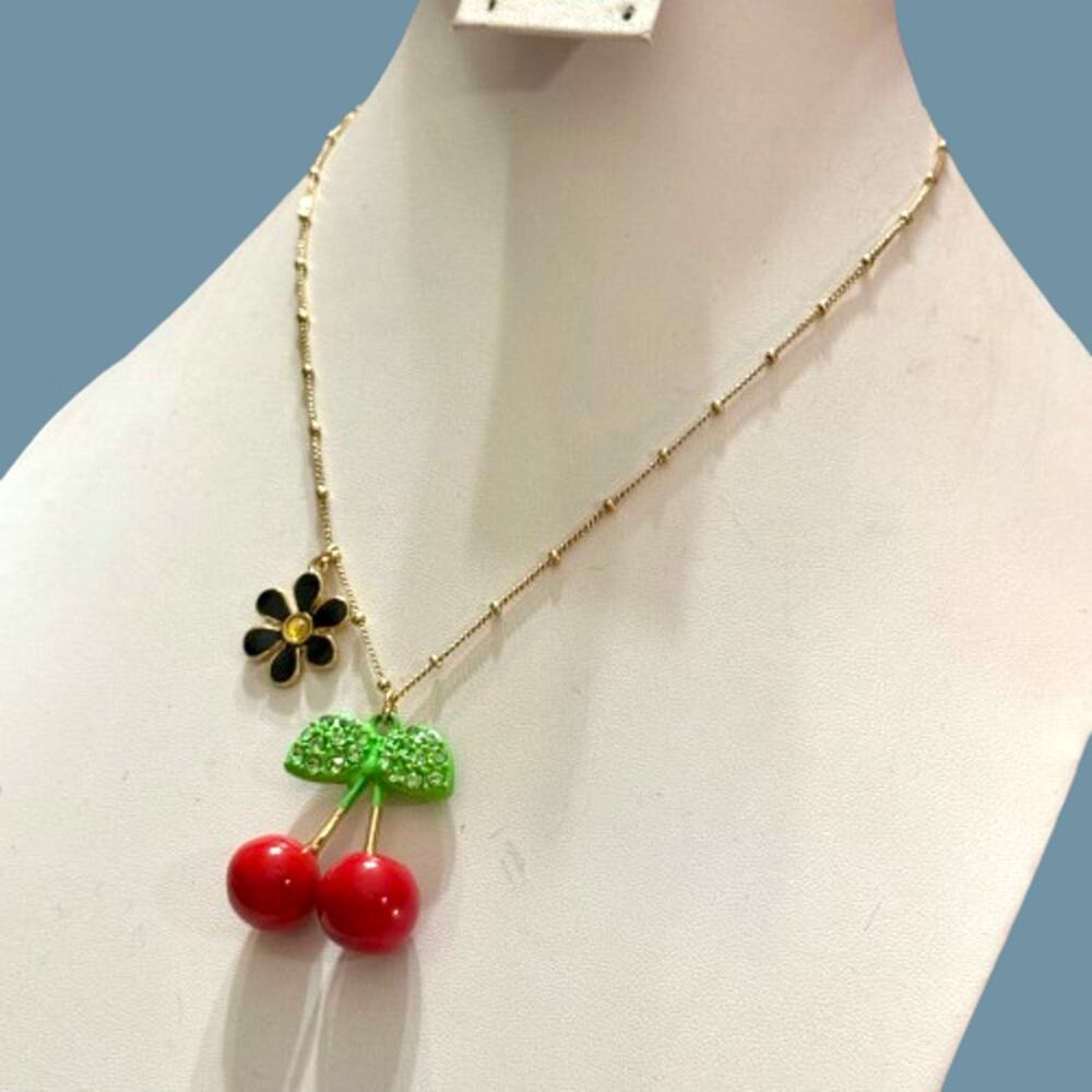 Betsey Johnson Vintage Red Cherries Black Daisy Necklace - Picture 9 of 10